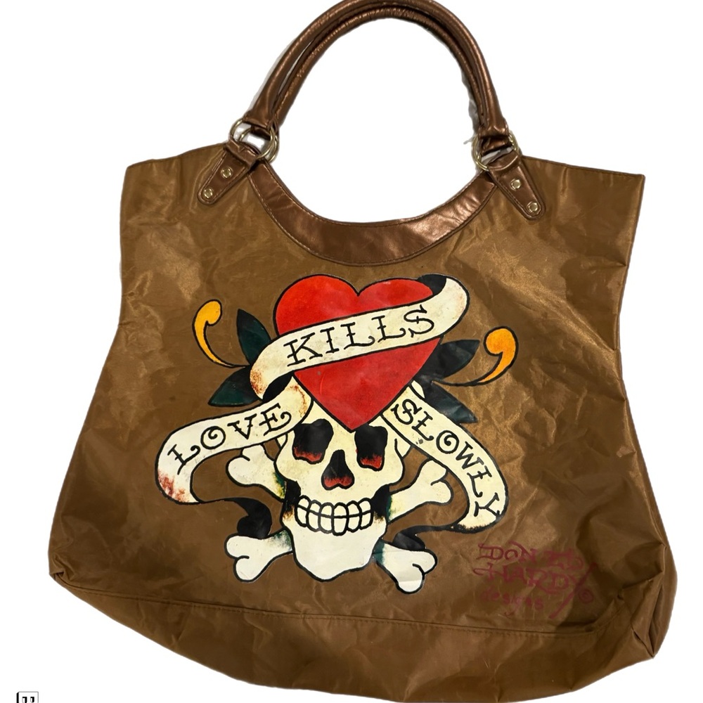 Ed Hardy Brown and Red Tote Bag with Skull Graphic